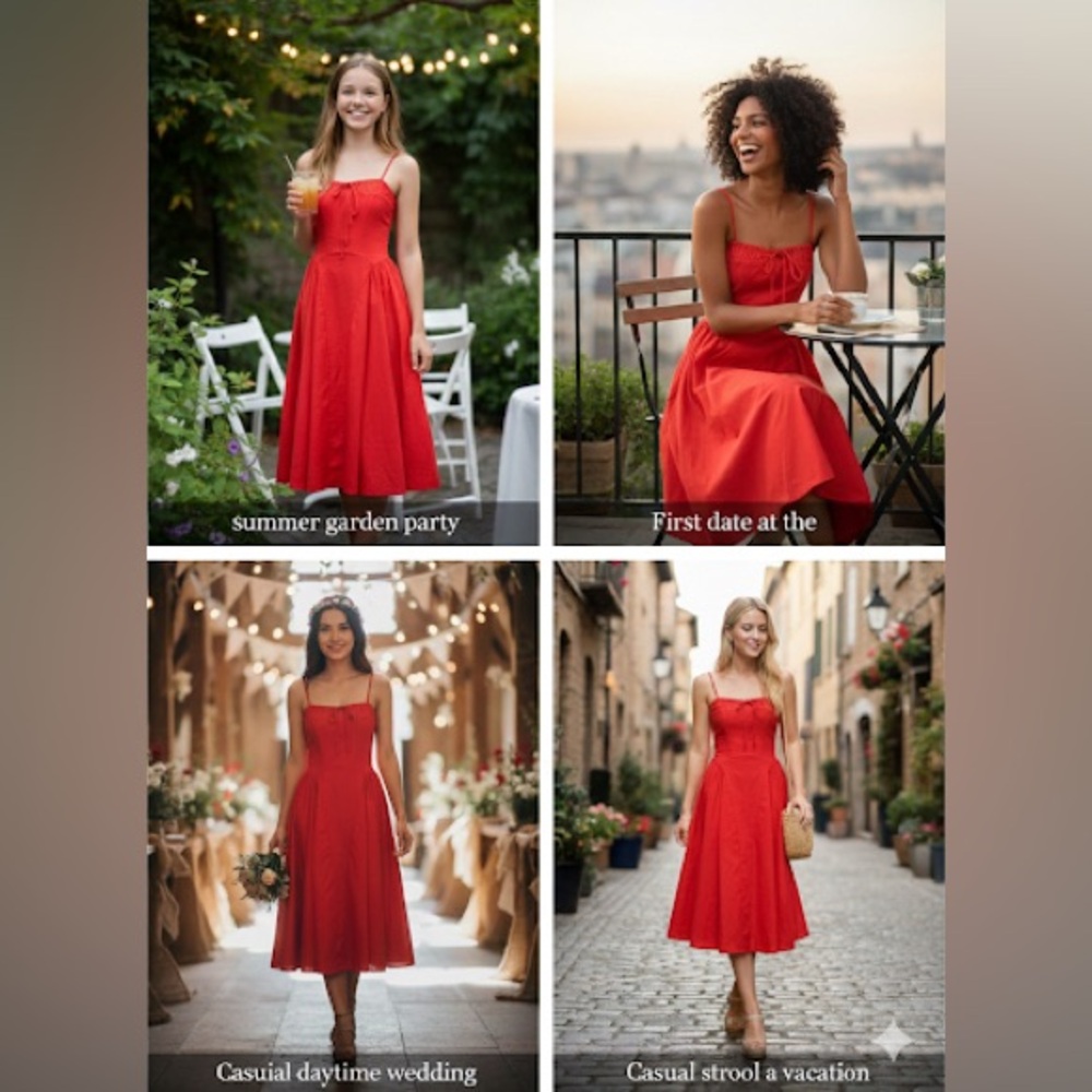 Aur Society Poppy Red Shirred Bodice Fit & Flare 100% Cotton FLOWY Dress Size S - Picture 3 of 16